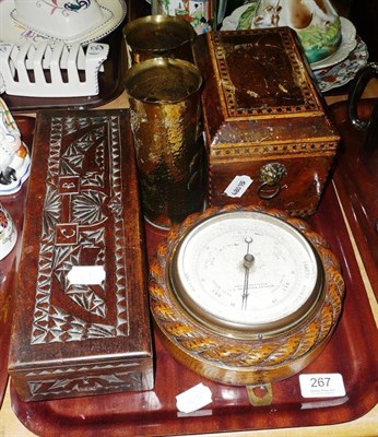 Lot 267 - Circular oak cased wall barometer, two embossed shell cases, carved oak box and cover,  etc