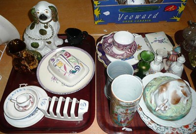 Lot 268 - Two trays including pottery spaniel, Poole pottery, copper lustre jug, pink lustre cup and...