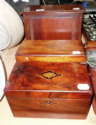 Lot 274 - Oak hinged stationery stand with fall front and two tea caddies