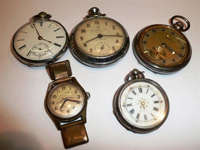 Lot 296 - Two silver cased pocket watches, two others and a wristwatch (5)