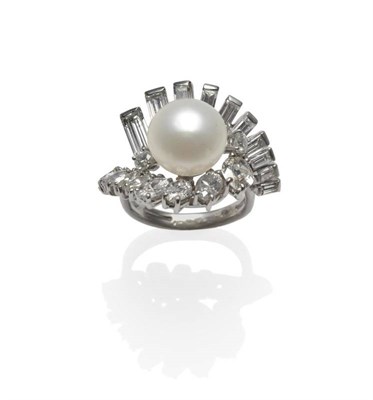 Lot 361 - A Cultured Pearl and Diamond Cocktail Ring, a cultured pearl within a diamond set twist, one...