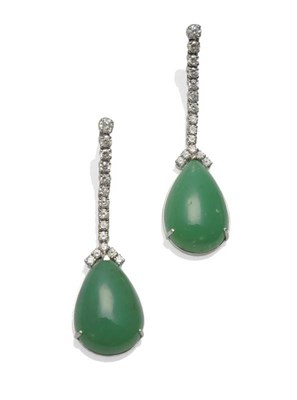 Lot 362 - A Pair of 18 Carat White Gold Green Chalcedony and Diamond Drop Earrings, a row of round...