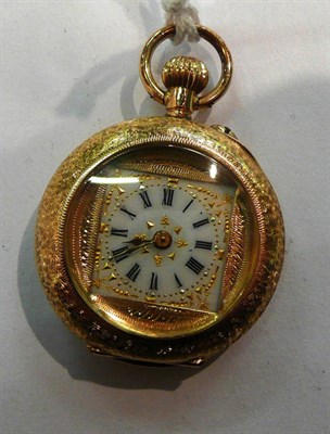 Lot 318 - A lady's Swiss fob watch with enamelled decoration to the reverse (a.f.) stamped '14K'