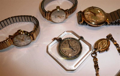 Lot 321 - A gents Bulova wristwatch stamped '14kt', three lady's wristwatches and a pendant watch