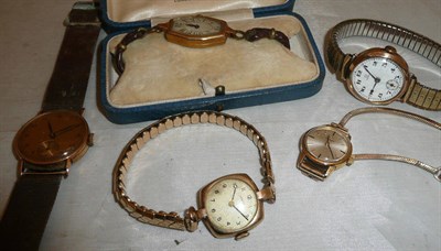 Lot 325 - Four lady's 9ct gold wristwatches and a plated Omega wristwatch with 9ct gold bracelet