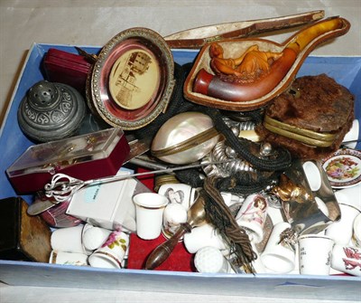 Lot 326 - Box of assorted items including silver hat pin and flatwares, Meershaum pipe (cased), plated...