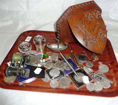 Lot 332 - Carved oak armorial wall bracket, silver napkin ring, teaspoon, assorted coins, binoculars etc