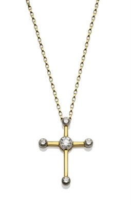 Lot 365 - An 18 Carat Gold Diamond Set Cross on Chain, the diamond set cross inset with five round...