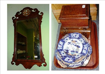 Lot 345 - George II style wall mirror, oak musical jewellery box, marquetry jewellery box, Staffordshire part