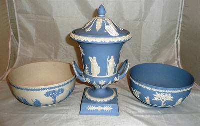 Lot 369 - Wedgwood blue jasperware twin handled pedestal vase and cover and two bowls (3)