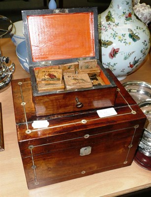 Lot 376 - Rosewood hinged box with fitted interior and a small oak hinged box enclosing an alphabet game (2)