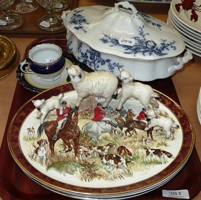 Lot 381 - Four Beswick sheep, Staffordshire tureen, three oval platters and a German cup and saucer