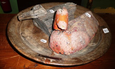 Lot 394 - Sycamore bowl (a.f.) and two carved pine decoy ducks (a.f.)