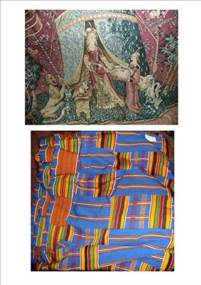 Lot 398 - French reproduction machine woven wall hanging, African patchwork tribal cloth and a rug (3)