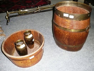 Lot 401 - Two brass bound barrels and a pair of brass vases