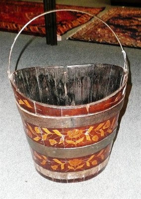 Lot 406 - 19th century floral inlaid peat bucket with brass bindings (a.f.)