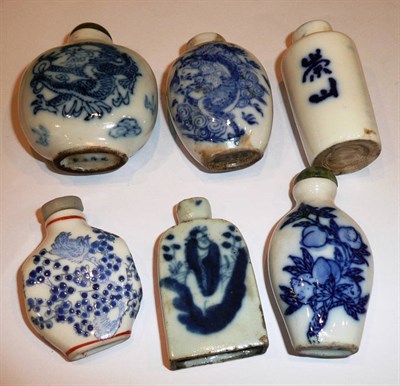 Lot 416 - Six Chinese blue and white printed porcelain snuff bottles, 19th/20th century