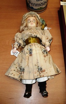 Lot 418 - Late 19th century wax over shoulder doll with sleeping brown eyes, blond wig, closed mouth,...