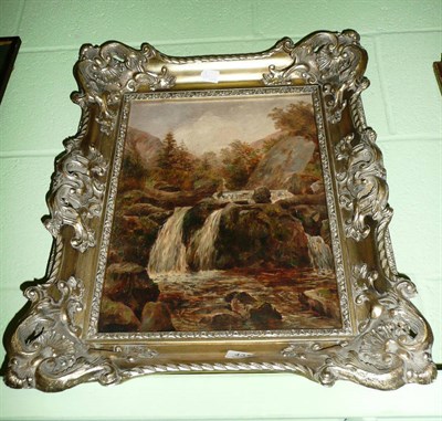 Lot 431 - 19th century framed oil on canvas, waterfall landscape, signed R Butter