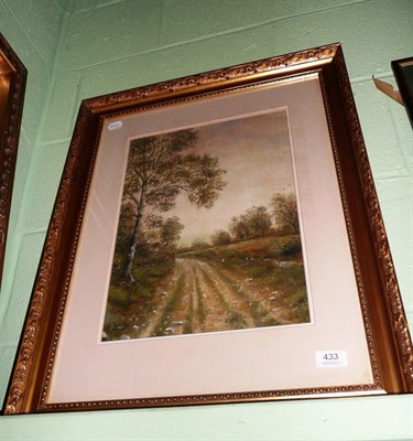 Lot 433 - Framed oil, country path in wooded landscape