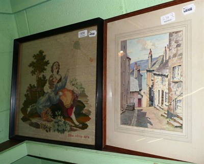 Lot 439 - St. Ives watercolour by J.Heserdin, 'Bethesda Hill, St Ives' and a wool work picture of girls...