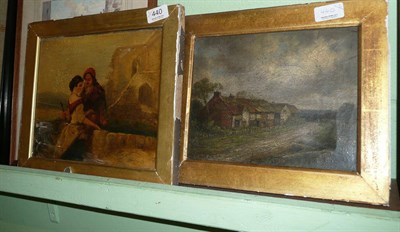 Lot 440 - F.W.W Topham Courtship at the well and a small framed oil of a country cottage (2)