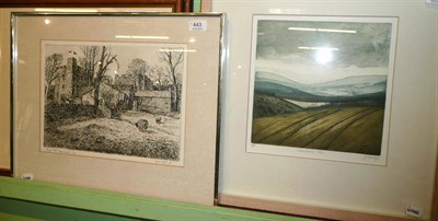 Lot 443 - Framed and Signed coloured print "Lammermuir View" by Winifred Hodge and a framed etching of...