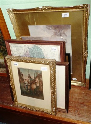 Lot 449 - Two oak framed hunting maps, various framed pictures and prints, unframed etchings, gilt framed oil