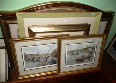 Lot 451 - Modern gilt framed wall mirror, a pair of Sturgeon prints, framed prints etc