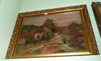 Lot 460 - Framed oil on canvas, Farmer with sheep in a rural landscape, signed C Schofield