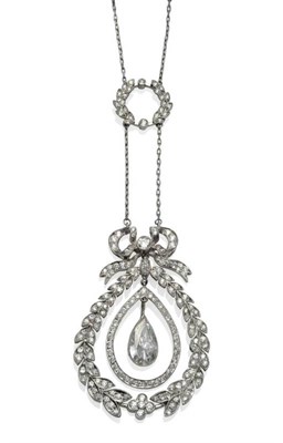 Lot 378 - A Diamond Necklace, a white fine link chain meets at a diamond set leaf motif ring, with chain...