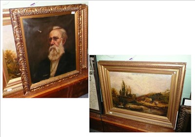 Lot 473 - Large framed oil of a horse and cart in a rural landscape and another portrait of a gent