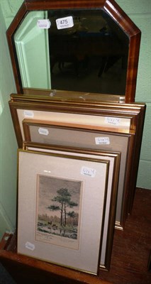 Lot 475 - Small brass framed oval mirror, walnut mirror, four framed coloured prints, two framed 19th century