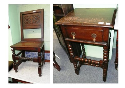 Lot 503 - An oak hall chair and a bobbin leg single drawer oak side table