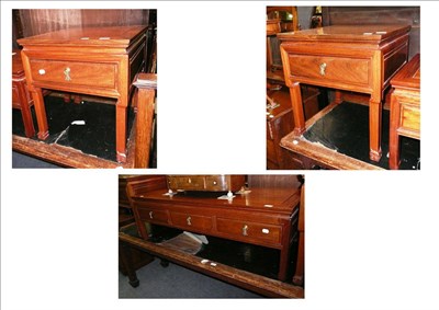 Lot 646 - Chinese style low coffee table and a pair of matching occasional tables with single drawers (3)