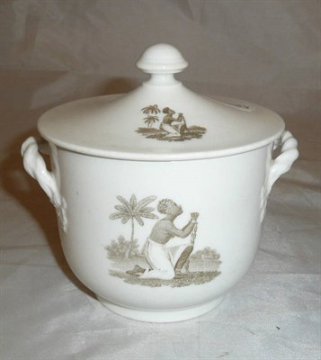 Lot 7 - Slavery Interest; an English porcelain two handled sugar bowl and cover printed with four vignettes