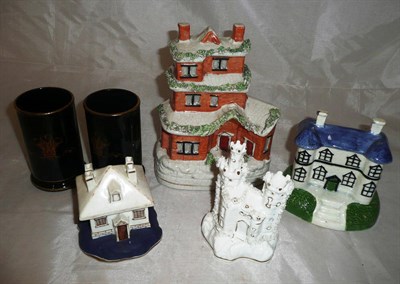 Lot 19 - A Chamberlain Worcester porcelain cottage pastille burner; two money boxes; an Alcock castle...