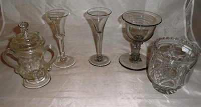 Lot 22 - An 18th century Silesian sweetmeat glass, two 18th century trumpet wine glasses, a cut glass...