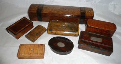 Lot 32 - A group of eight burr wood and other wood boxes including snuff boxes