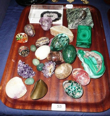 Lot 53 - A group of glass and mineral eggs, two paper weights and an Italian Malachite snuff box (quantity)