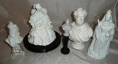 Lot 62 - A 19th century bisque porcelain figure of Queen Victoria seated in a chair and four other...