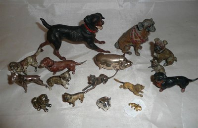 Lot 73 - A cold-painted bronze small Pug dog, another of a Bull dog, another of a lion; twelve other...