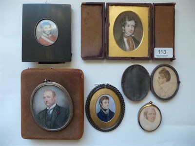 Lot 113 - English School (19th century): Portrait Miniature of a Fashionable Gentleman, wearing a blue...