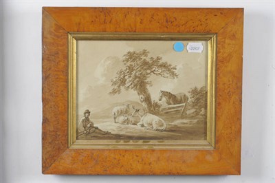 Lot 134 - Peter La Cave (fl.1789-1816) Shepherd with sheep, cattle and a horse beside a wooden fence...