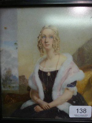 Lot 138 - English School (19th century) Portrait of a young lady, seated, wearing a purple dress, fur...