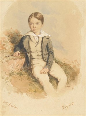 Lot 141 - Robert Richard Scanlan (born c.1801-1876) Portrait study of a Victorian boy, seated on a...