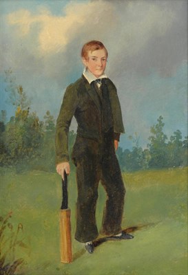 Lot 147 - English School (c.1820-1830) Portrait of a young boy, standing full length, holding a cricket...