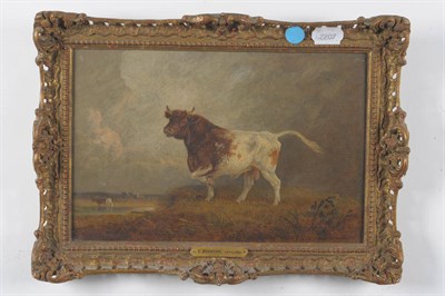 Lot 151 - Edmund Bristow (1787-1876) Study of a bull standing in a landscape beside a river, with cattle...