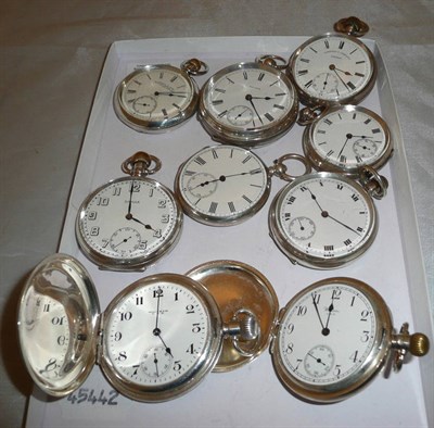 Lot 155 - Two silver full hunter pocket watches signed Waltham, and seven silver open faced pocket watches