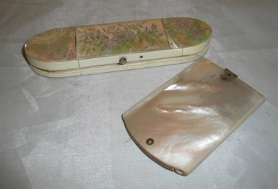 Lot 156 - Mother of Pearl and ivory mounted hinged spectacles case and a mother of pearl cased aide de...